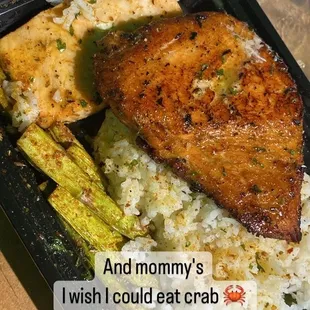 Salmon, rice, and side of Grilled Asparagus