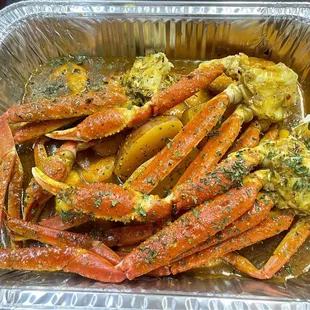 Crab Boil with shrimp and potatoes. Their CAJUN sauce is a MUST!