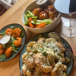 Roasted Cauliflower, wings, Buffalo Shrimp