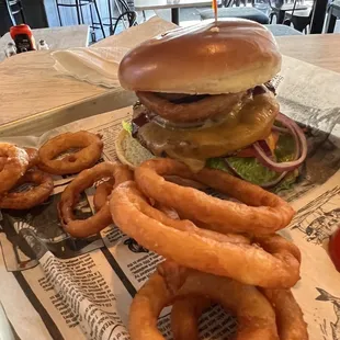 a burger and onion rings