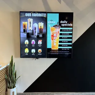 a coffee shop with menus on the wall