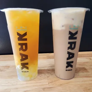 Mango Green Tea with Crystal Boba, Creme Brulee Coffee