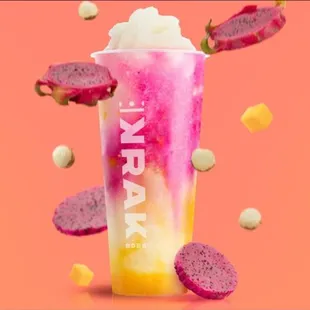 Lychee slush w mango bit and dragon fruit bits. Perfect blend for a hot day