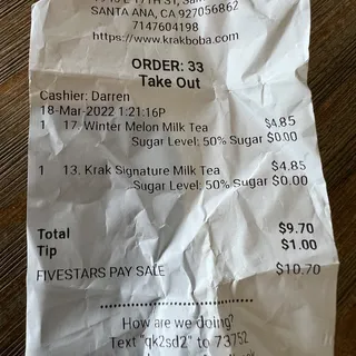 Krak Signature Milk Tea (Non-Dairy, Large)