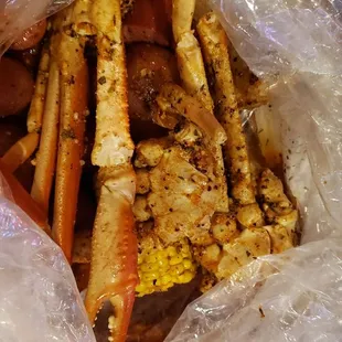 Snow crab, corn, potatoes, and sausage.