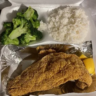 1 piece of catfish. Two sides and a soda. $8.50.