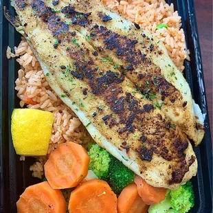 Blackened swai with fried rice and veggies (daily special)