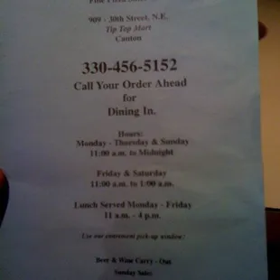 the menu for the restaurant