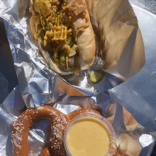 Techno Viking: Bratwurst, Danish Remoulade, Crispy Onions, Pickles, Yellow Mustard, Steamed Roll  Pretzel &amp; Beer Cheese