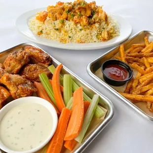 crawfish fried rice, french fries, habanero wings