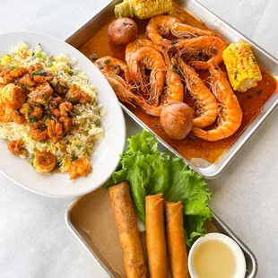 vietnamese egg rolls, crawfish and shrimp fried rice, garlic butter boiled shrimp