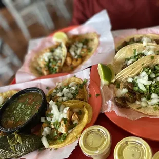 Mini taquitos, chicken &amp; shrimp tacos, carne asada tacos. Amazing salsa!!