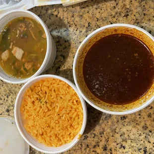 Charro beans, rice , and consume (taco dipping sauce)