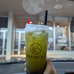Green apple green tea with boba