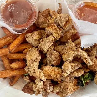 Popcorn chicken + sweet potato fries