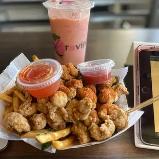 Popcorn Chicken, Smoothie, fries