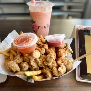 Strawberry Smoothie, Popcorn Chicken, seasoned fries