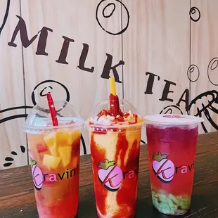 Kravin&apos; Fruit Tea, Mangonada &amp; Strawberry Lemonade (L-R)