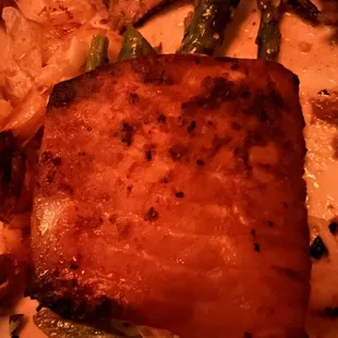 Honey, glazed salmon and asparagus. All included