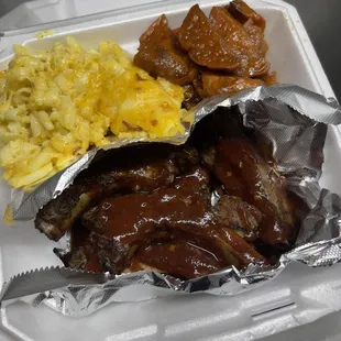 Pork BBQ Ribs with Candied Yams and Baked Mac and Cheese