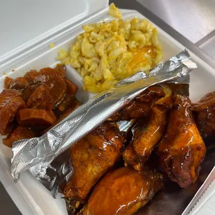 Honey Hot Chicken Wings with Candied Yams and Baked Mac and Cheese
