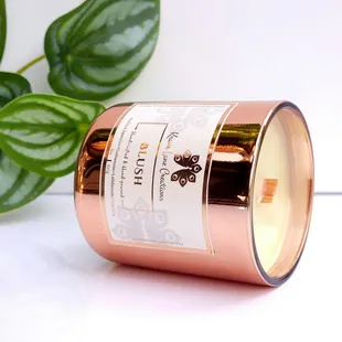 "BLUSH" 8oz candle handpoured in a lustrous rose gold glass vessel. Comes with matching lid - designed to compliment any space.
