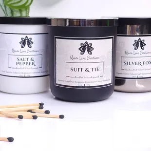 Our most desired masculine scents! Double wood wick, handpoured in 14oz glass vessels,  paired with artisan safety matches.