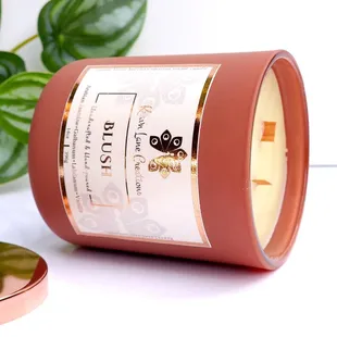 "BLUSH" 14oz double wood wick candle handpoured in a matte clay glass vessel with rose gold lid- designed to compliment any space.
