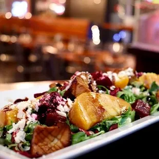 Roasted Beets and Mushroom &quot;Scallop&quot; Salad is topped with a refreshing mix of red and golden beets, finished with balsamic glaze