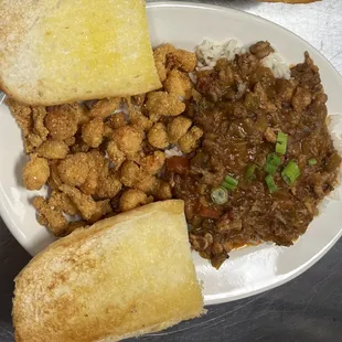 Half and half, crawfish Etouffe and fried crawfish tails.