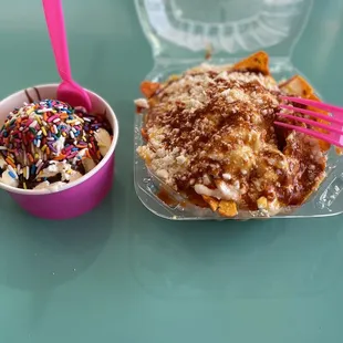 a dessert and a cup of ice cream