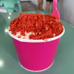 Hot Cheetos elote corn in a cup