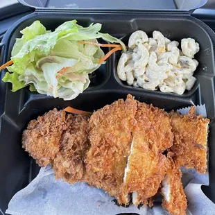 Combo B: pork katsu, chicken katsu, lettuce salad, and macaroni salad.