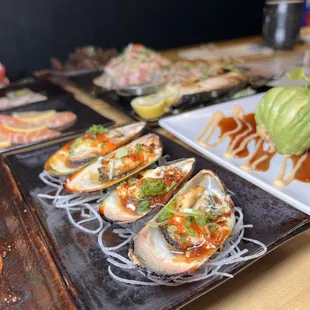 a variety of sushi dishes