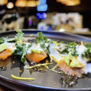 Salmon Carpaccio (Salmon with Lemon, kale, and avocado)