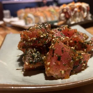 a plate of sushi on a table