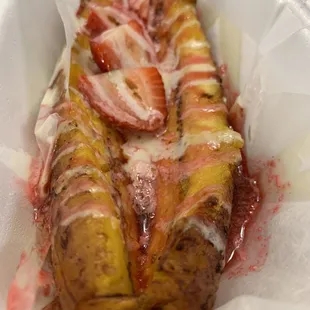 Plantain with strawberry syrup