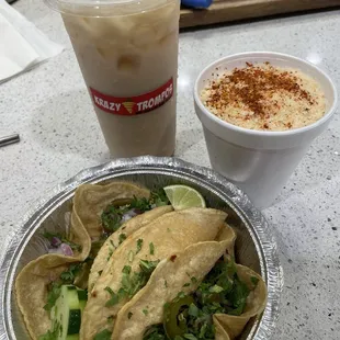 Horchata, taco trio with nopal, and esquite