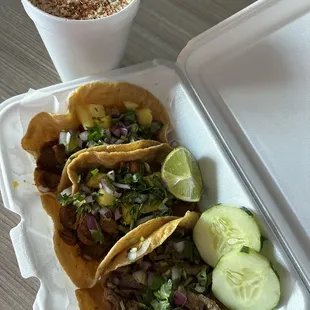 Esquites and tacos (Al pastor and steak)