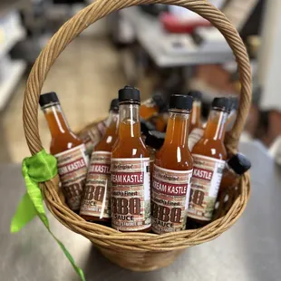 a basket of hot sauces