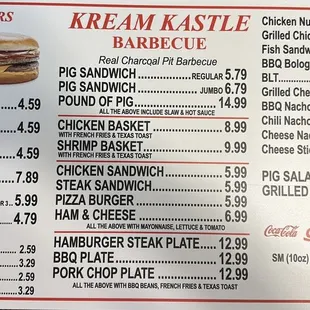 the menu for kream kastle