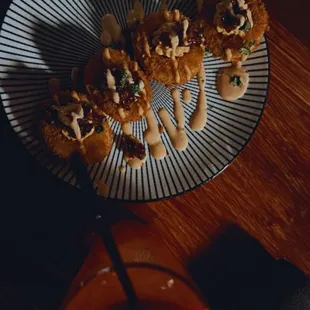 Fried deviled eggs and a mock tail