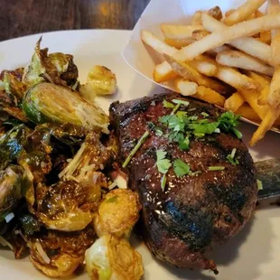 Steak brussel sprouts and fries