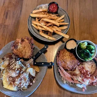 Mett and Kraut with a side of broccoli, Bavarian Pork Chop with a side of fries