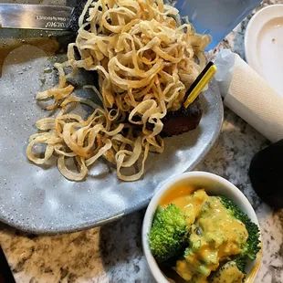 Steak with onion straws. Broccoli &amp; cheese