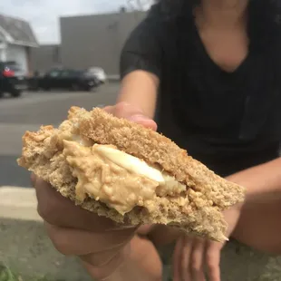 Toasted pb and banana on honey whole wheat bread