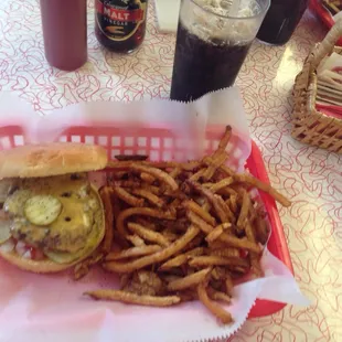 a basket of fries and a burger