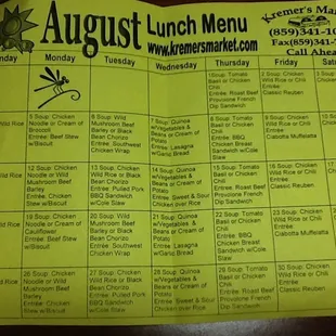 Lunch menu August 2013