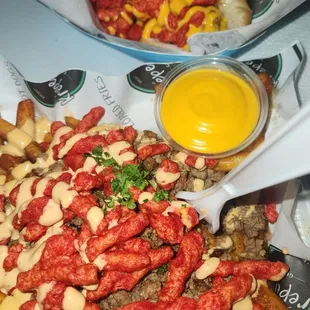Hot Cheeto dog and Flammin fries