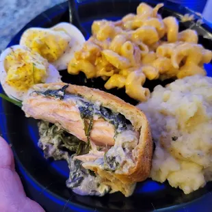 Salmon wellington, Mac and cheese, mashed potatoes, deviled eggs
